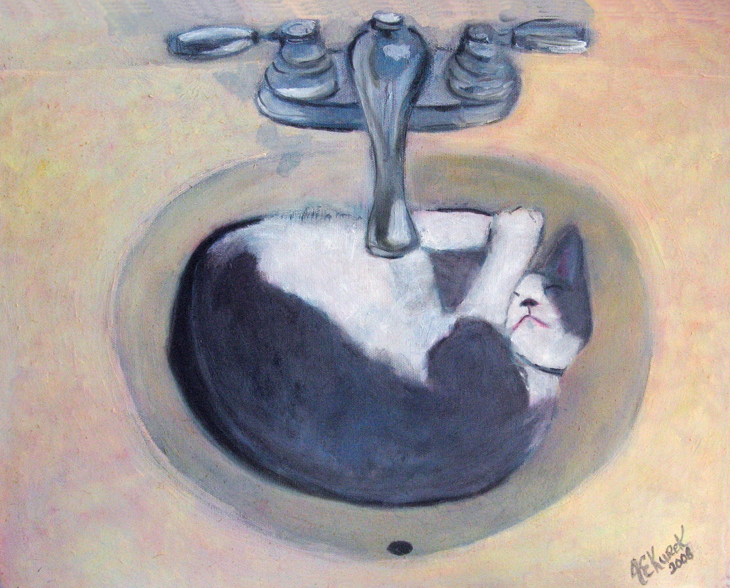 Cat Art - Charming Tuxedo Cat Sleeping in Sink - 8x10 PRINT