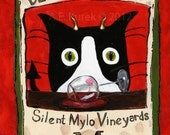 Devil Cat Red Wine - Tuxedo Cat - small print of original painting