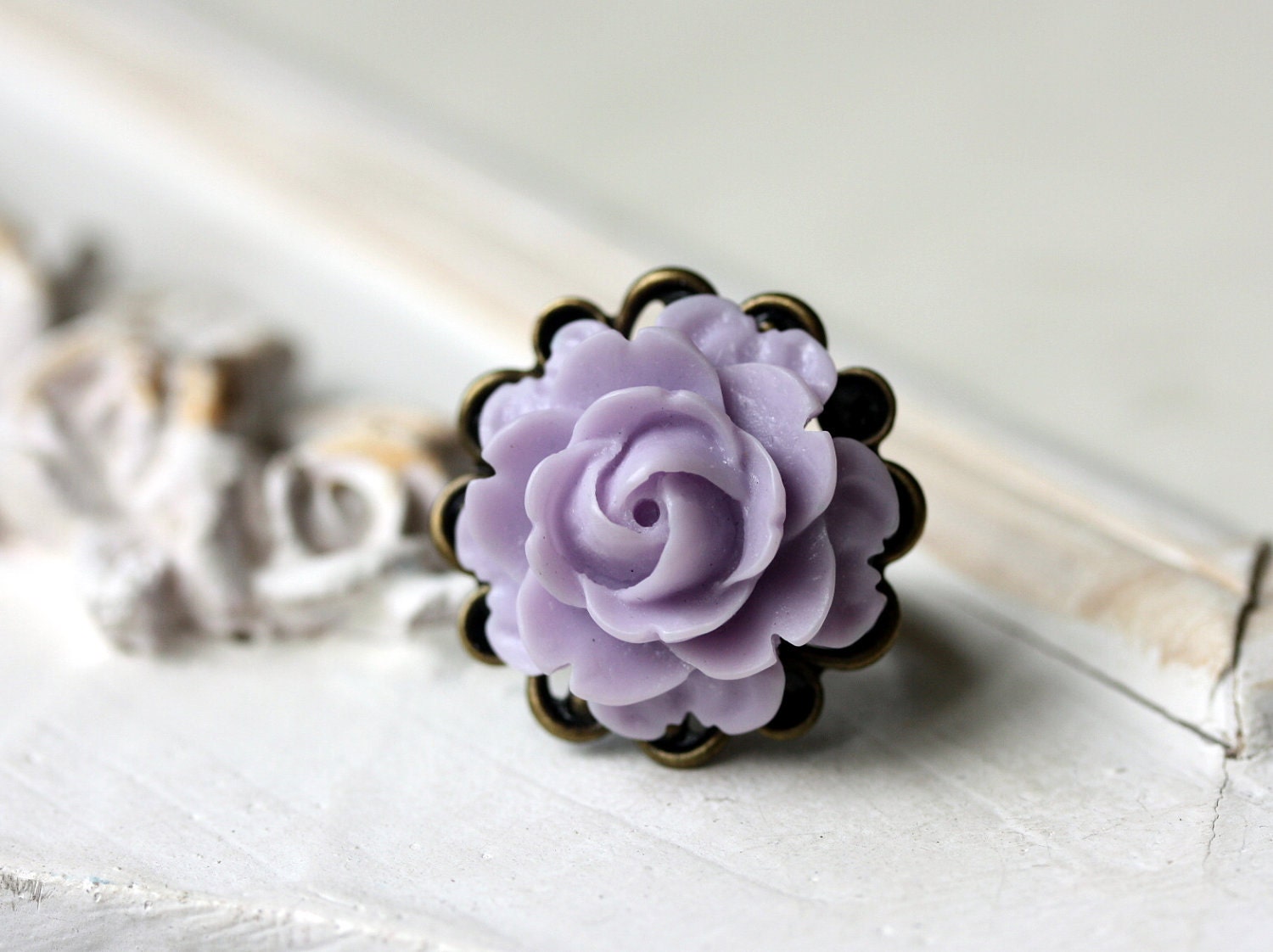 Lilac ring with rose flower cabochon - SALE 20% OFF