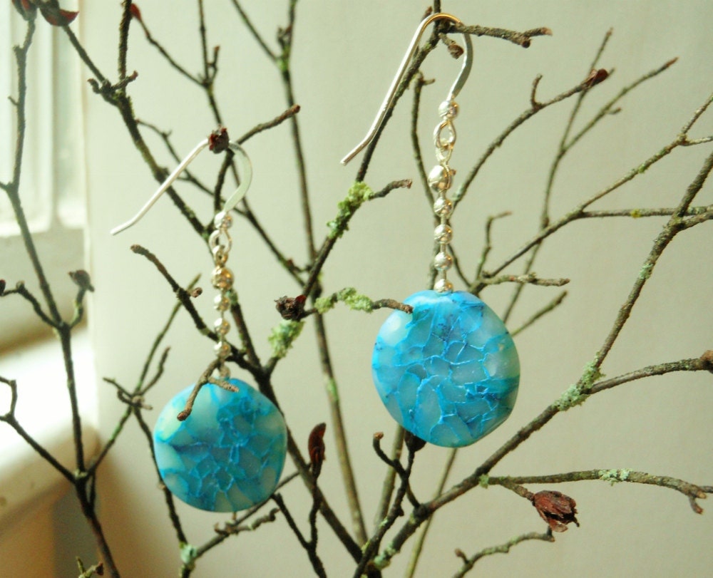 Blue Faux Stone Polymer Clay on Silver Ball Chain Earrings