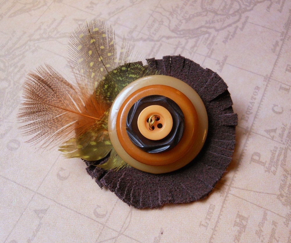 Vintage Button Leather and Feather Earthtone Brooch