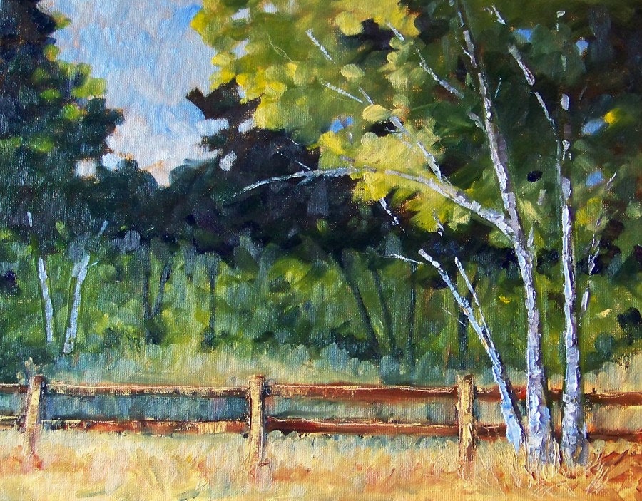 Birch Trees Landscape Oil Painting, Original on Canvas, 11x14, Green Forest, Fence, Wall Decor