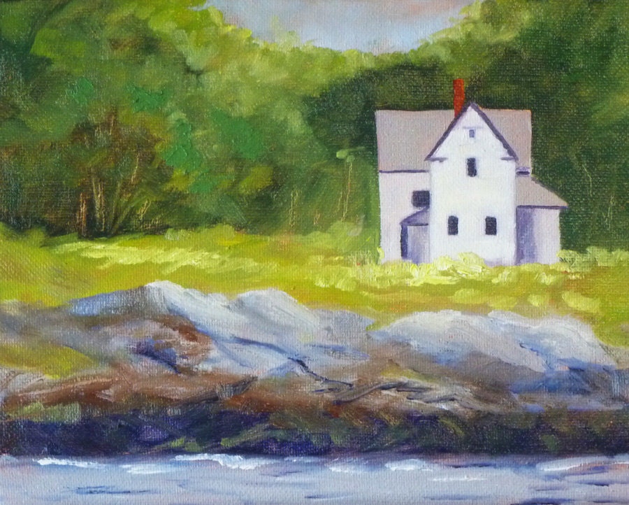 Landscape Painting, Original Oil on Gallery Canvas, House at Beach, 8x10, Waterfront Painting, Green and Purple Wall Decor