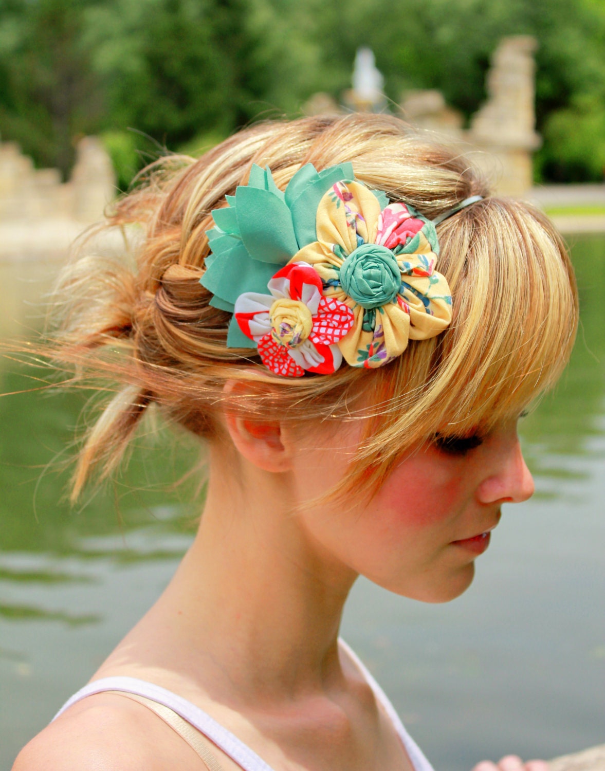 Flower Cluster Headband -Yellow, Coral and Mint Green