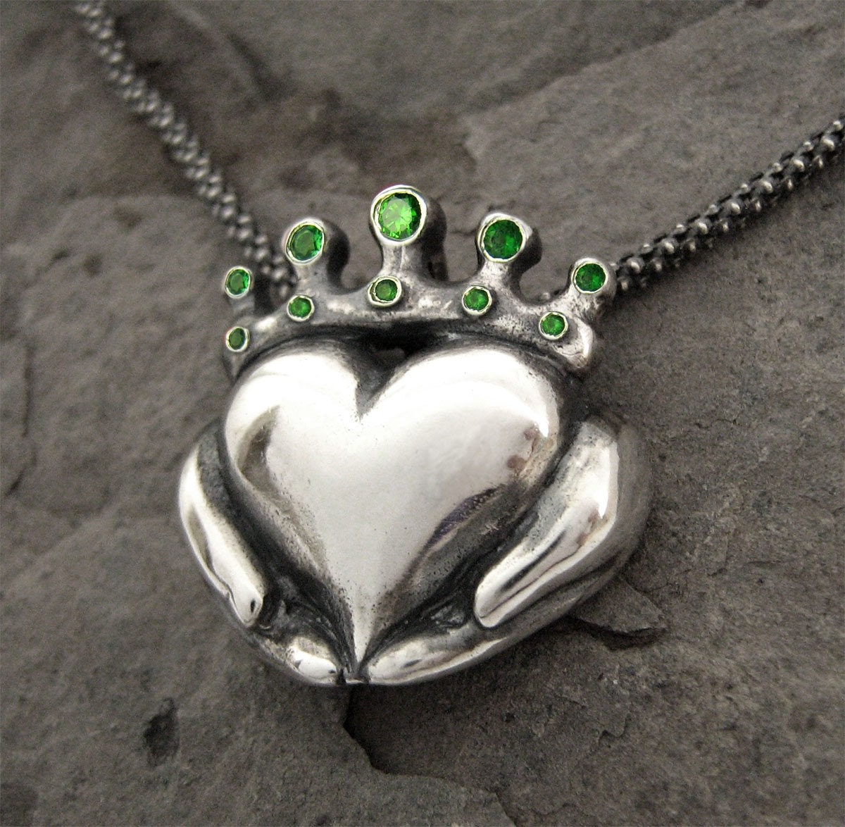Claddagh Necklace - NEW - Emerald Colour CZ Stones - Handmade - Romantic - Rickson Jewellery