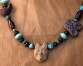 Cat, Bird, Fish Necklace with Turquoise and Bronzite