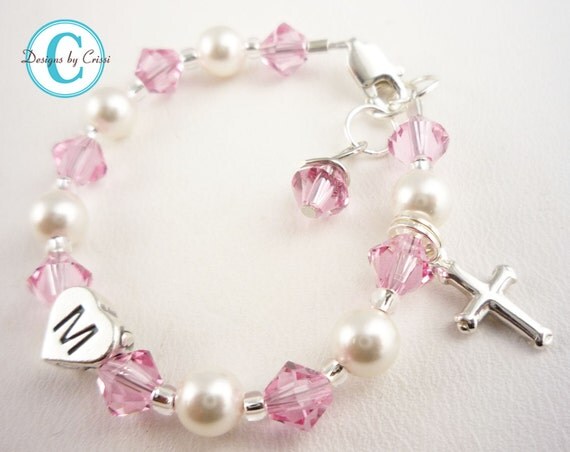 Baptism Bracelet Christening Cross Initial Pearl Crystal, chose colors girls, baby, toddler, white pink cream baby gift, first communion