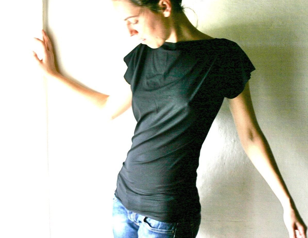 Boat Neck top in black Jersey - womens short sleeved tshirt tank top