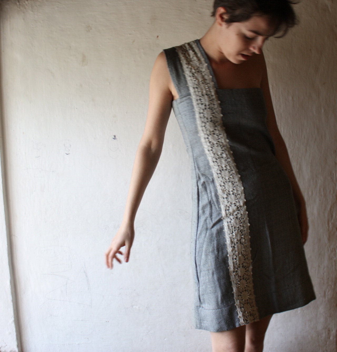 One Shoulder mini Dress in dust blue raw silk