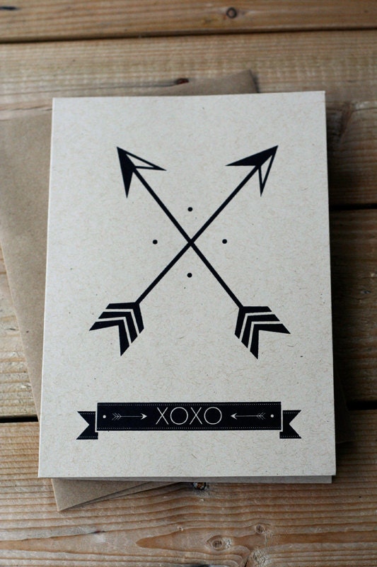 Crossed Arrows - XOXO - Hand Printed Silkscreen Greeting Card / Note Card - Blank Inside