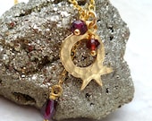 Pomegranate, garnet, gemstone, 14K gold fill and vermeil charm necklace. Kinor David Judaica charm collection.