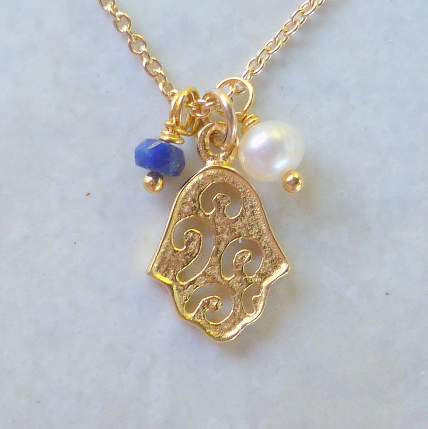 Hamsa (Hamesh Hand) 14K gold fill, vermeil Israeli pendant, charm, blue sapphire and white freshwater pearl necklace. Kinor David