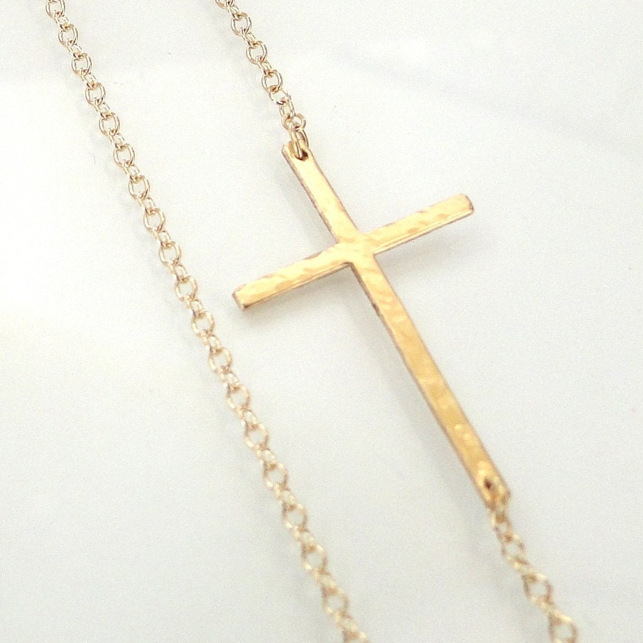 Sideways Cross Necklace, Off Center, 14K Gold Filled, Long, Sleek, And Hammered