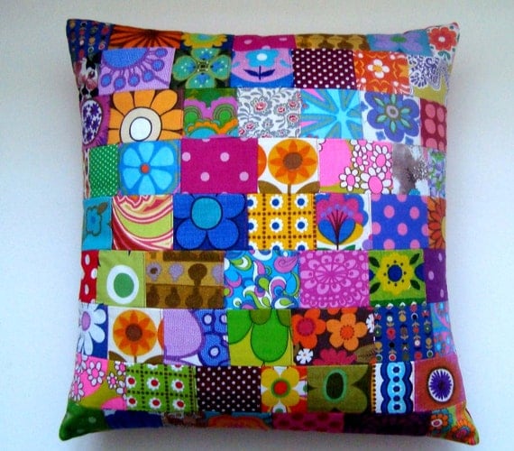 BIG Patchwork Pillow / Cushion Cover - Bright Mod Vintage Fabrics - Unique