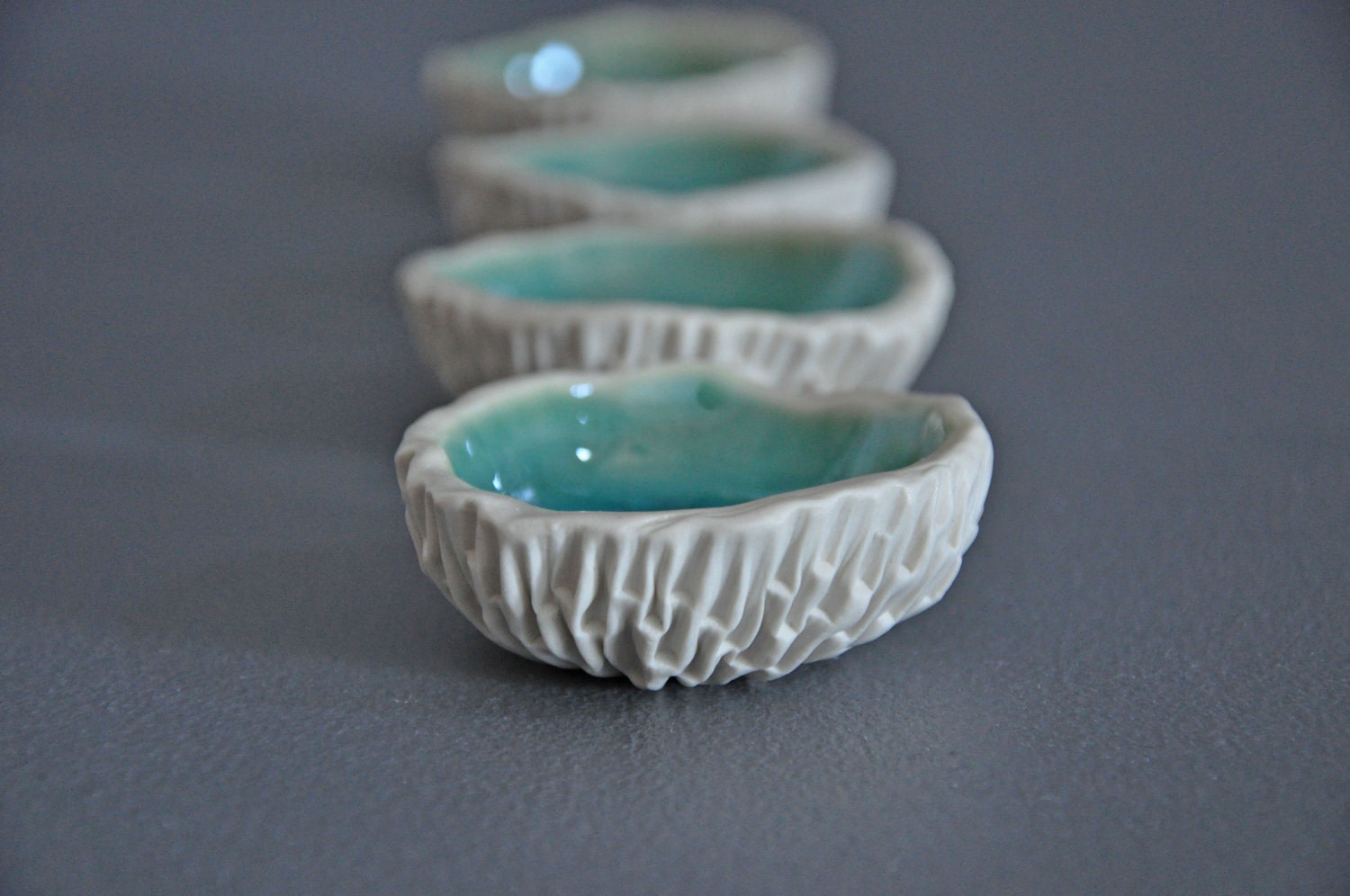 Set of 4 Tiny Cerulean Blue Geode Bowls - White Ceramic Porcelain Salt and Pepper Spice - elementclaystudio