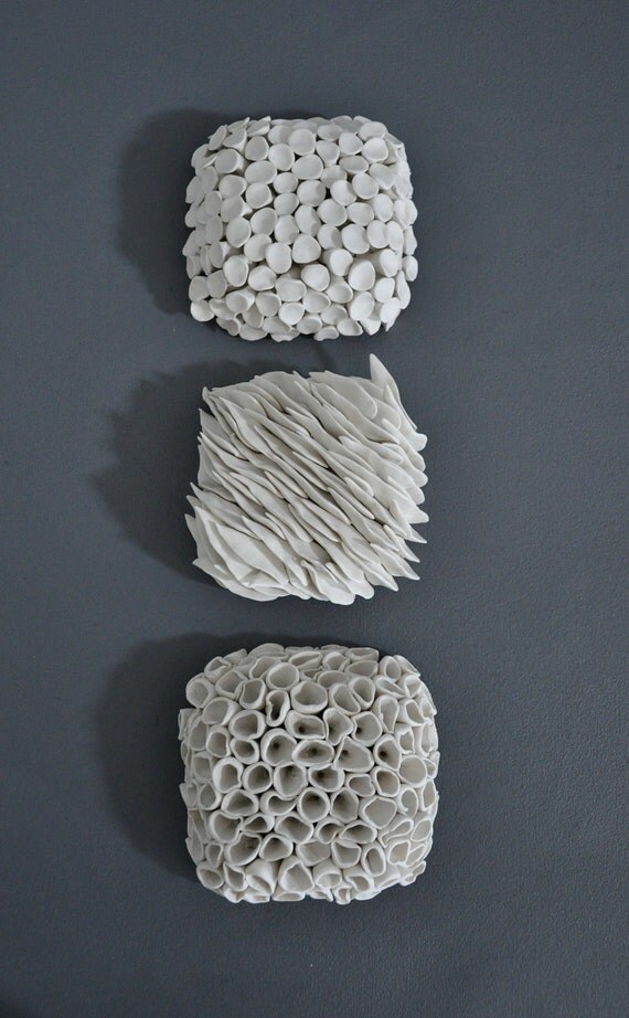 Set of 3 Micro Tiles - Textured Porcelain Ceramic Decorative Wall Sculpture Decor