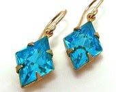 Diamond Shape Vintage Glass Jewel Aqua Earrings, 14K Gold Fill Ear Wires