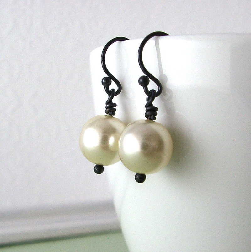 Simple Pearl Earrings, Vintage Glass Pearls, Blackened Sterling Silver, Oxidized Silver Jewelry, Under 25