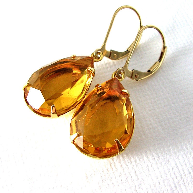 Topaz Color Vintage Glass Jewel Earrings, 14K Gold Fill Leverback Ear Wires, Estate Style Earrings - ZhivanaDesigns