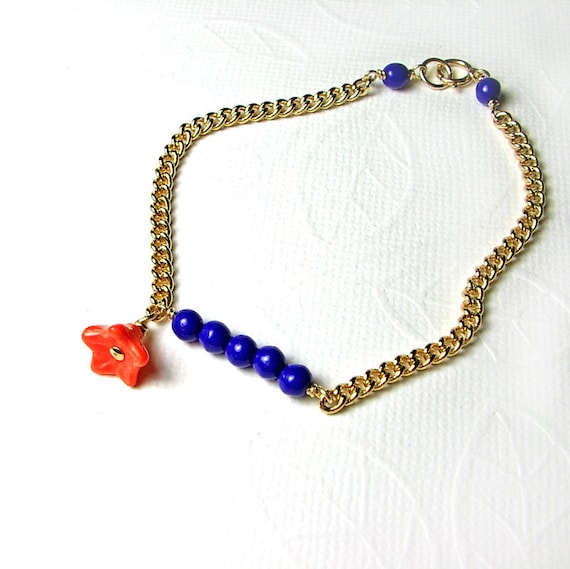 Cobalt Blue Bracelet Orange Flower Gold Chain Beads Tangerine Tango Summer Fashion Garden