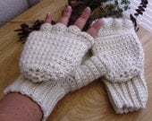 Super Thick and Warm Cream Alpaca Wool Crocheted Convertible Fingerless Mittens/Gloves - Off White Ivory