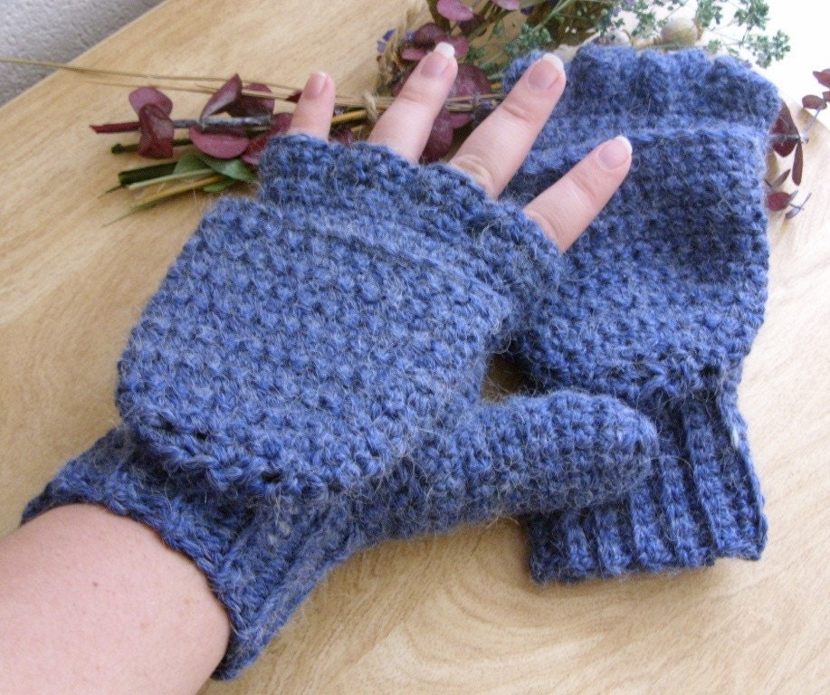 Super Thick and Warm Indigo Alpaca Wool Crocheted Convertible Fingerless Mittens/Gloves - Blue