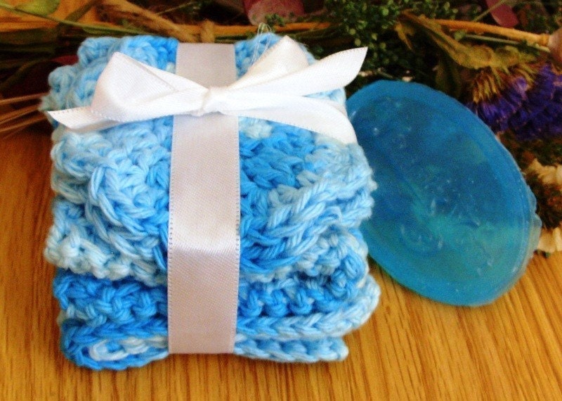 Crocheted Variegated Blues Wash and Face Cloth Spa Set - SAMPLE soap included