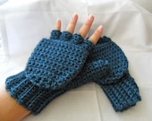 Super Thick and Warm Deep Aqua Alpaca Wool Crocheted Convertible Fingerless Mittens/Gloves - Blue Green Teal Turquoise