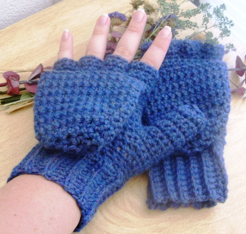 Warm Wool Crocheted Blue Mist Convertible Fingerless Mittens/Gloves - Blue Purple Yellow - International Shipping Available