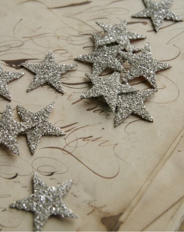 TWELVE Glass Glitter Stars S I L V E R