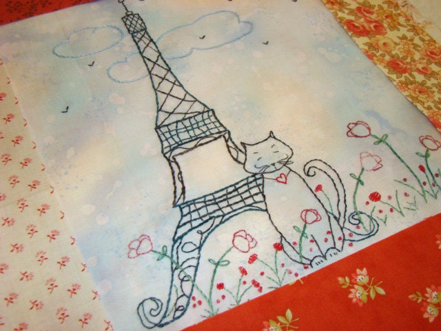 French Kitty Eiffel Tower Hand Embroidery PDF Pattern Instant Download