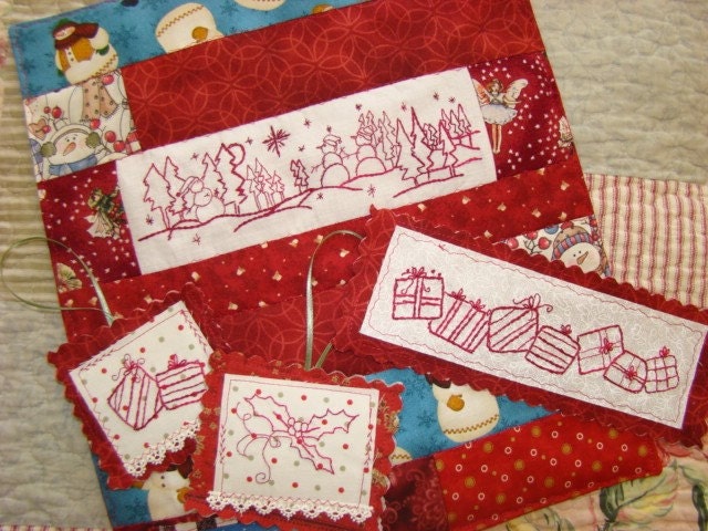 Redwork Christmas Bookmarks Hand Embroidery PDF Pattern Set Instant Download