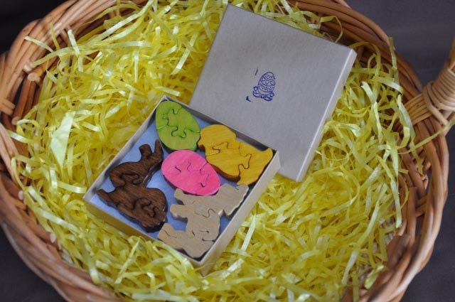Box of  Easter Animal Puzzles with Bunny Lamb Chick and Eggs  Wooden Toy Hand  Cut with Scroll Saw