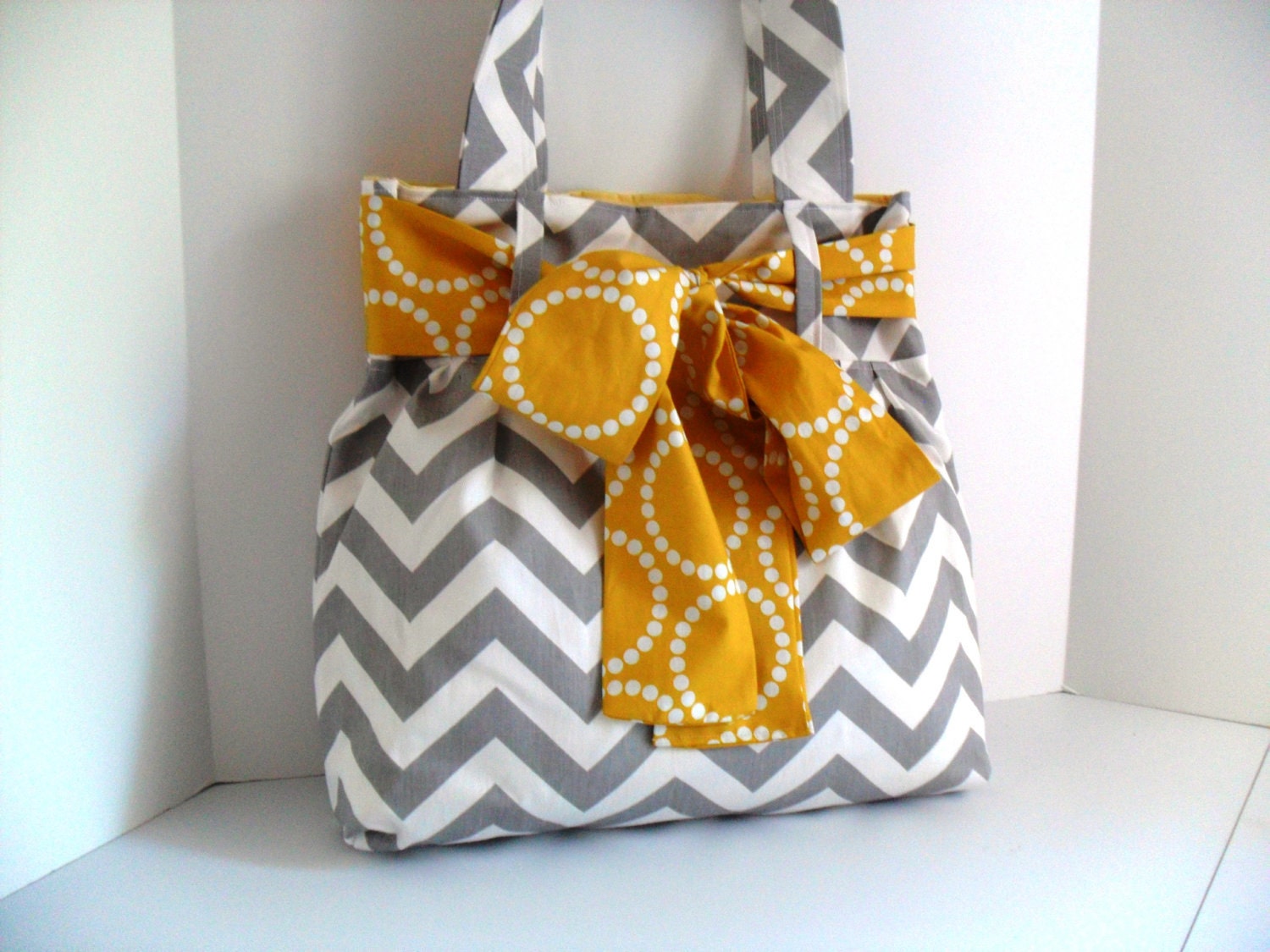 Large Bow Handbag Made of Chevron  Fabric
