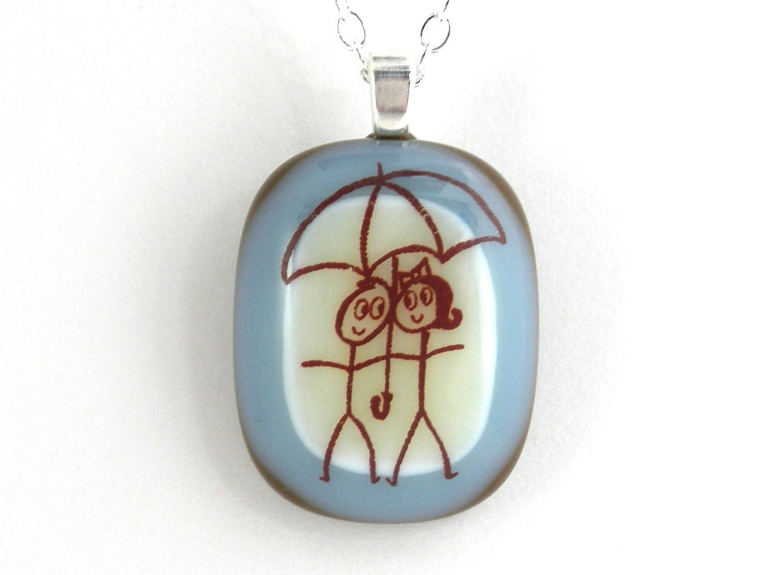 Fused Glass Jewelry / Fused Glass Pendant - I Love Rainy Days with You - Blue