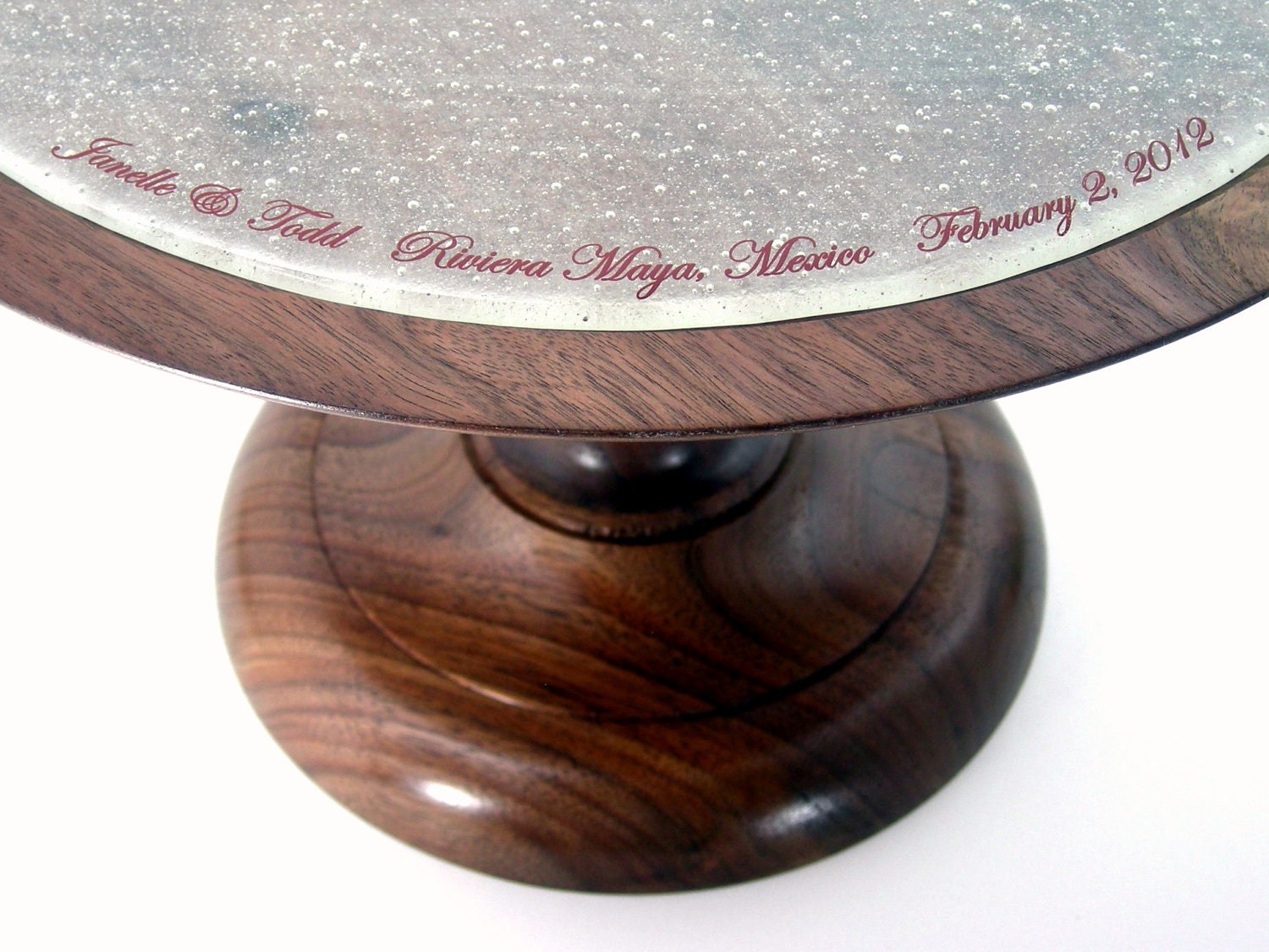 Wedding Cake Stand / Solid Wood Pedestal Cake Stand with Glass Plate Insert / Personalized / Hand Turned / Fused Glass / Wooden