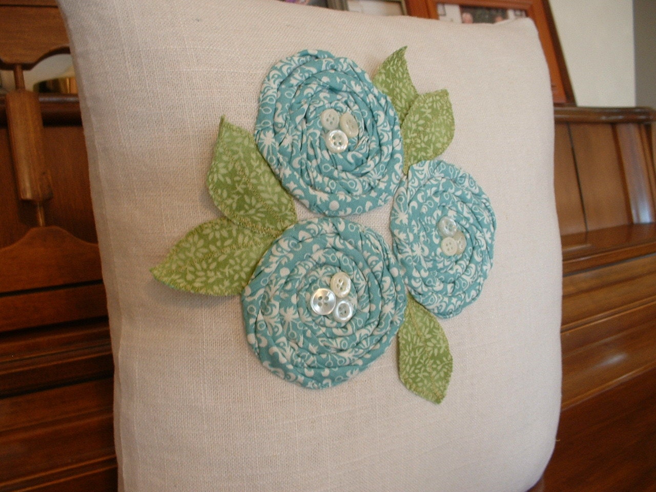 Ivory and Aqua - Linen Floral Applique Pillow Cover - 14 inch -