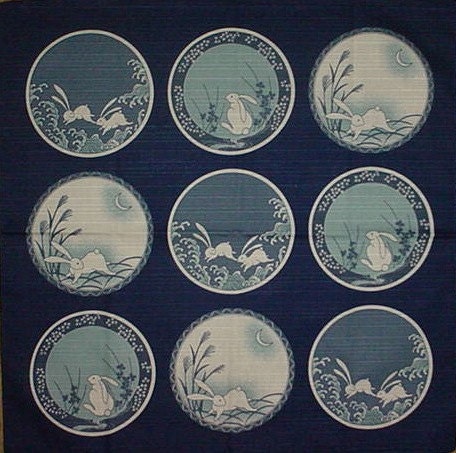 Small Size Cotton 'Rabbits on Blue Plates' Furoshiki Japanese Fabric w/Free Shipping