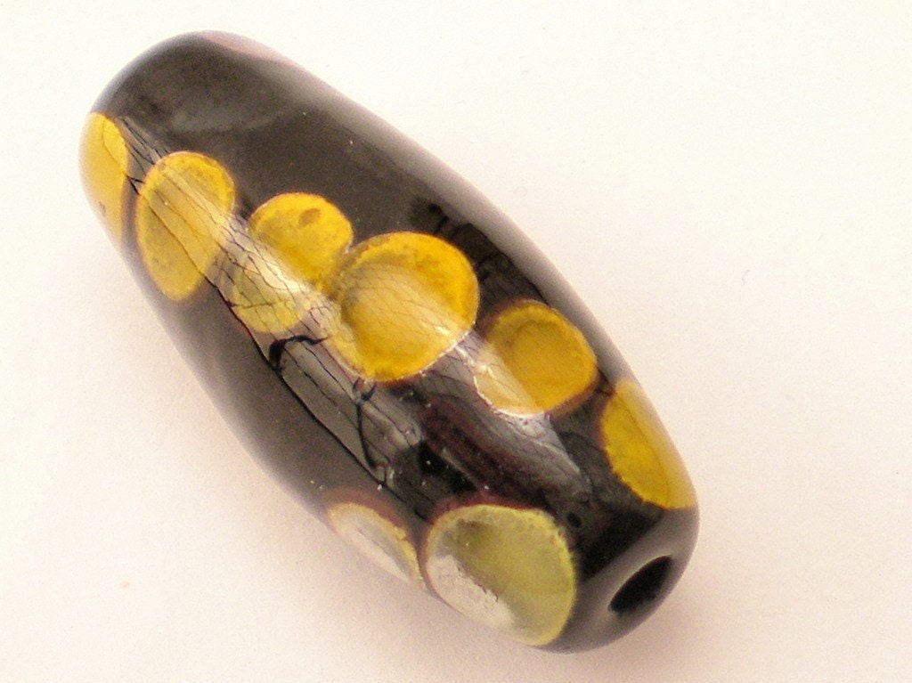 MonaRaeBeads Caterpillar Dots Bicone Lampwork Bead yellow purple black