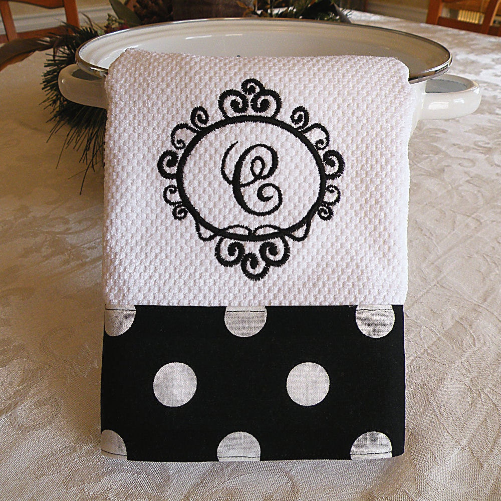 Monogrammed Kitchen Towel, Personalized Dish Towel, Black with White Dots