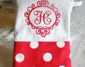 Monogrammed Kitchen Towel, Monogrammed Dish Towel, Red with White Dots