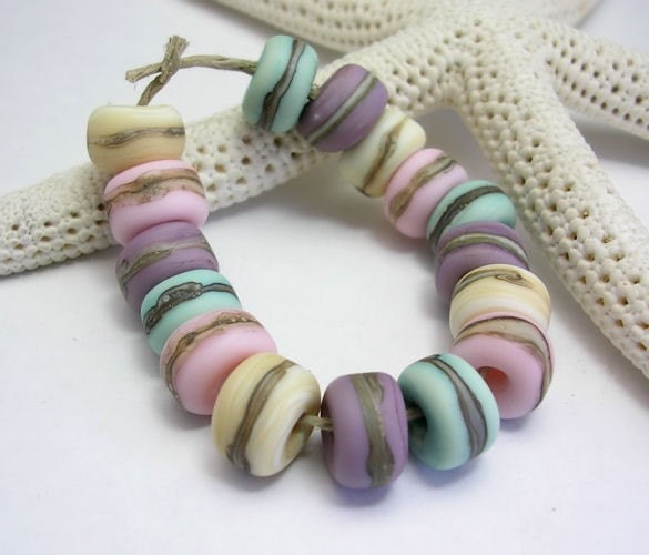 Handmade Lampwork Glass Beads - lavender, blue green, ivory, pink Organic Essentials - Meadow