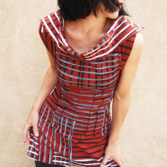 Auburn and Ivory - iheartfink Handmade Hand Printed Womens Plaid Cowl Neck Tunic Top