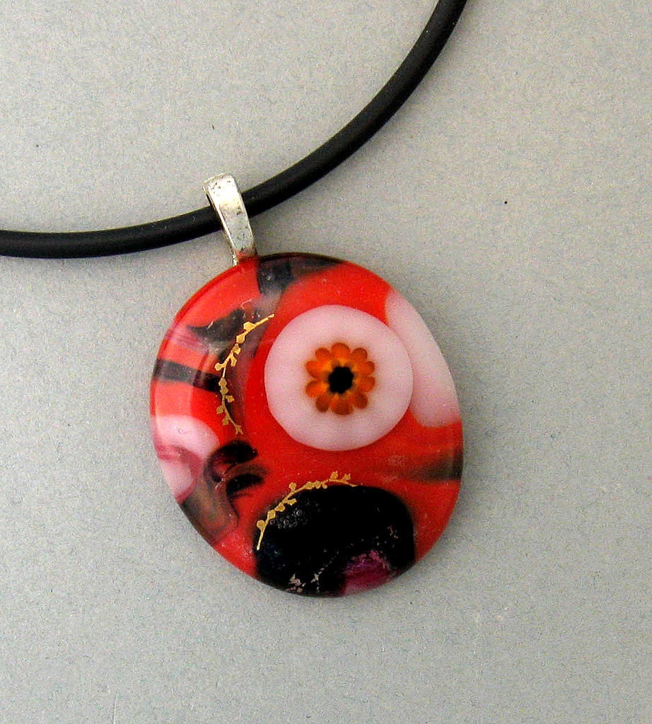 Pot Melt Glass  Pendant Round Red Gold Decals Unique Design