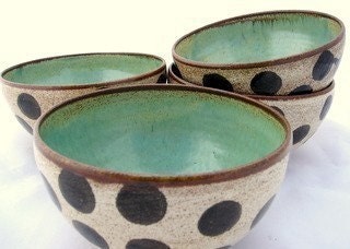 4  Polka Dot Bowls....Handmade....Wheel thrown