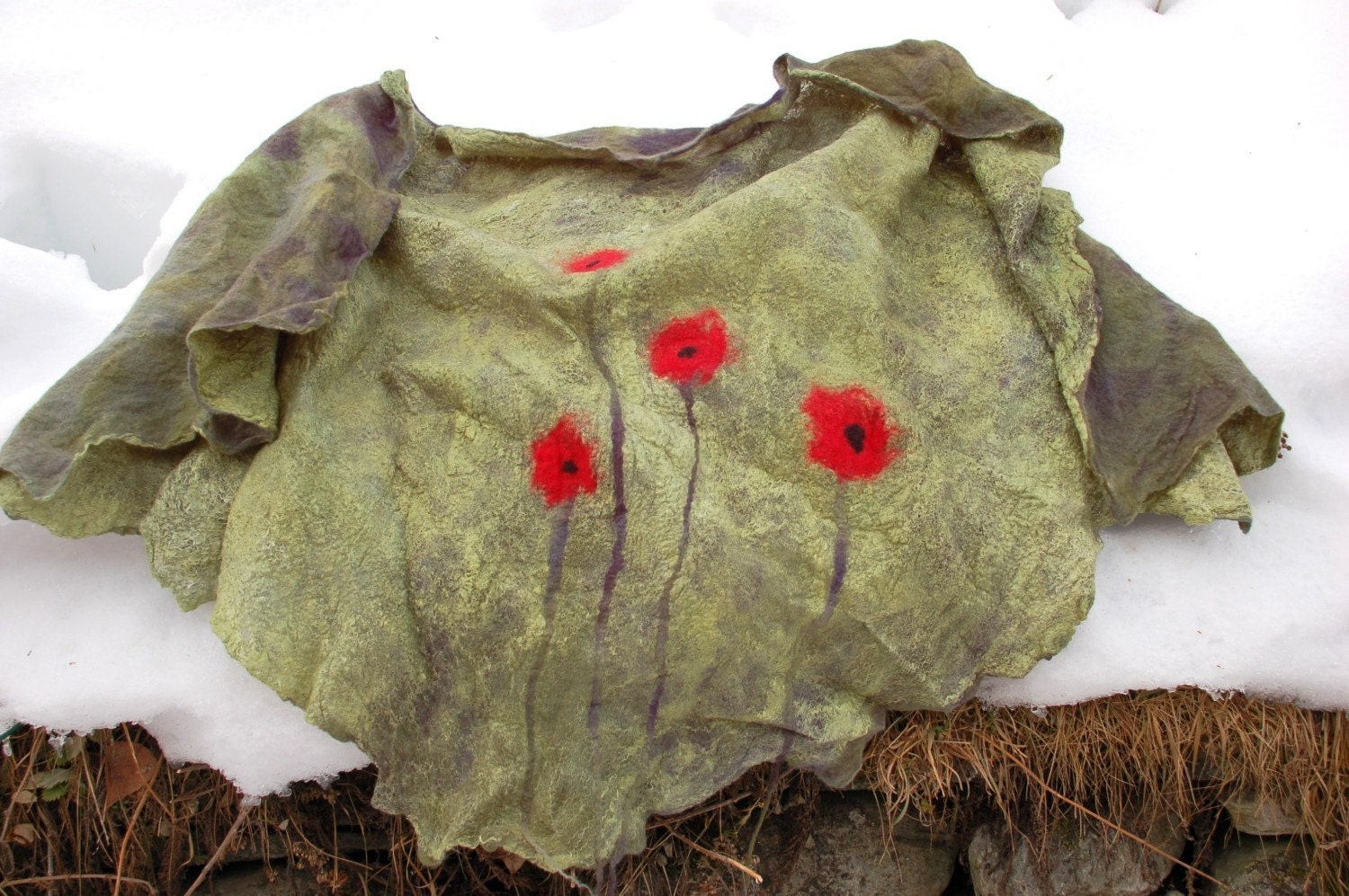 Handmade nunofelt merino wool poppy wrap  MADE TO ORDER
