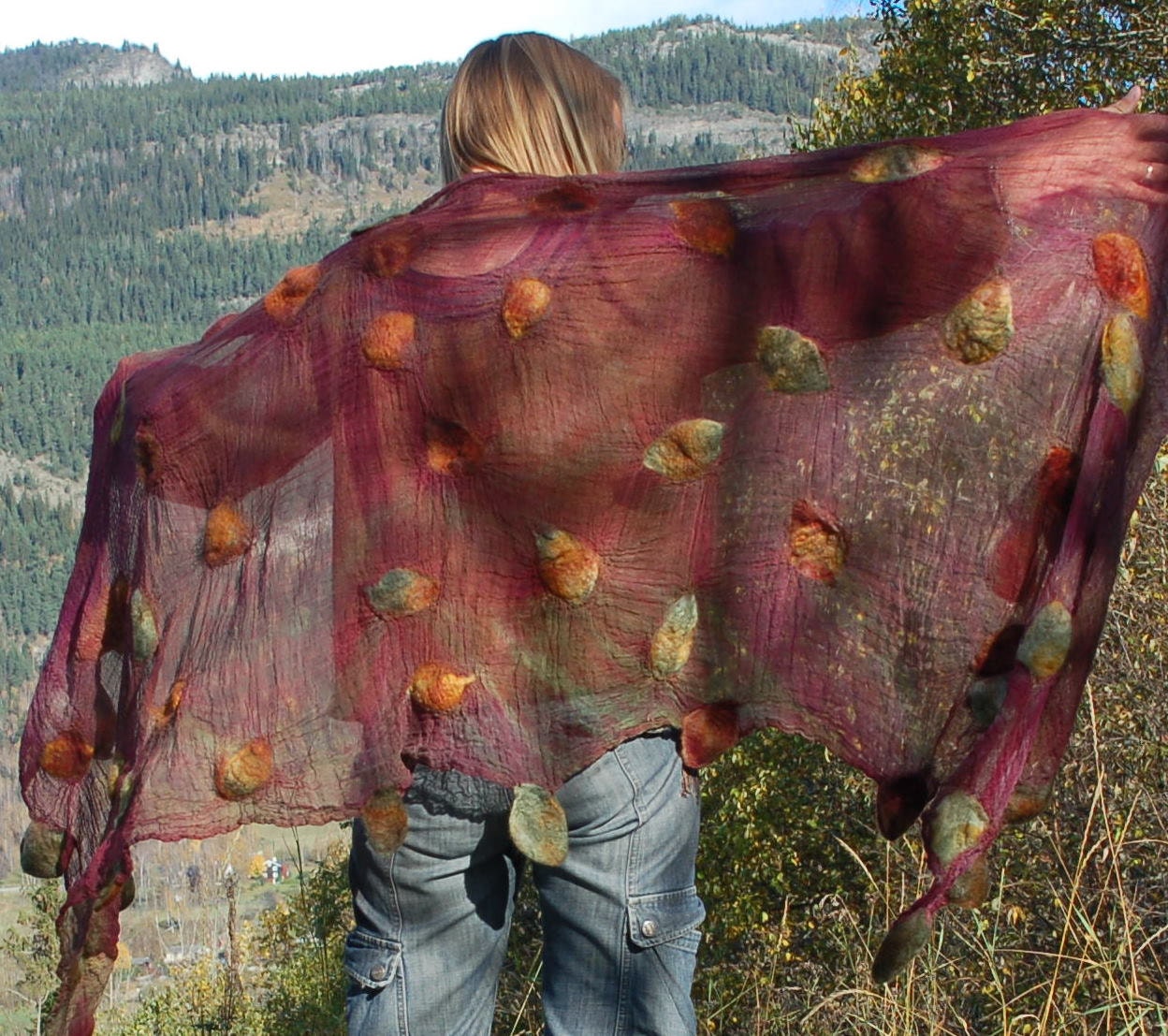 Nuno felt cotton autumn leaves shawl