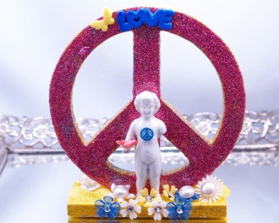 Love & Peace Sign Frozen Charlotte Sculpture Mixed Media Original Art