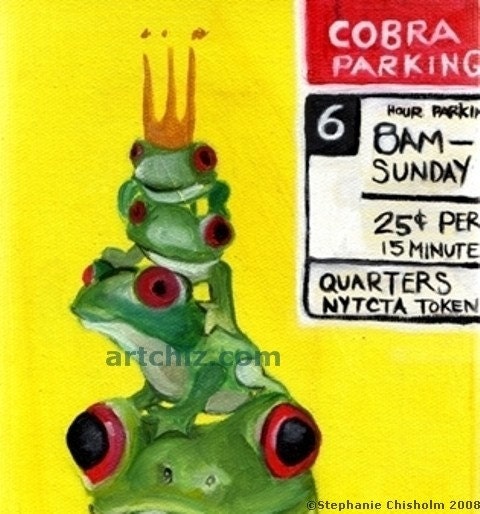 Alphabet Animal Art Print - 3.5 x 7 Matted Print - F for Frog - Four Frogs on a Parking Meter in New York City - Cute Animals Humor Nursery