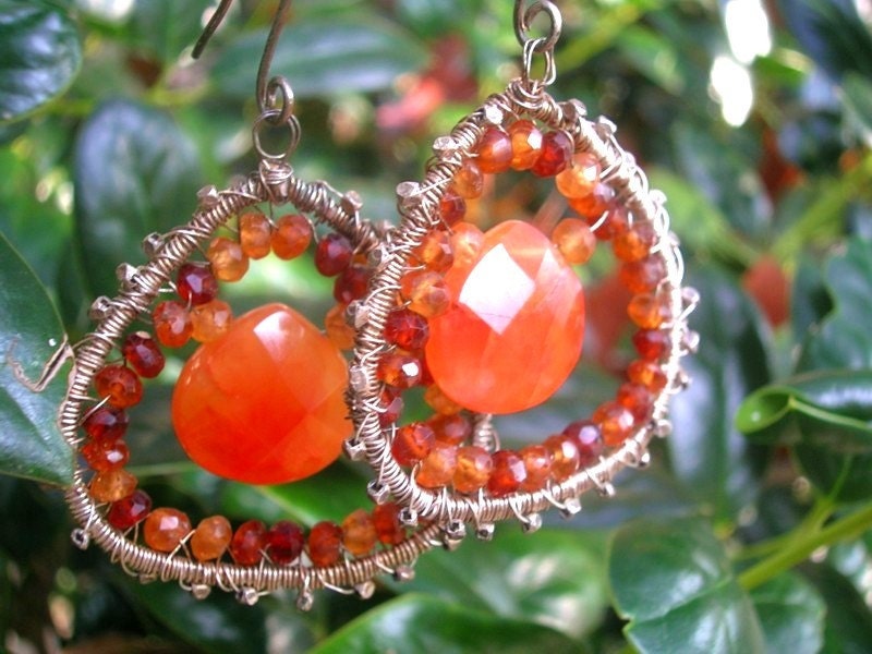 MYSTICAL FEELINGS  - Sterling earrings - Carnelian, Hessonite Garnets, Handmade Thai Pure Silver Beads